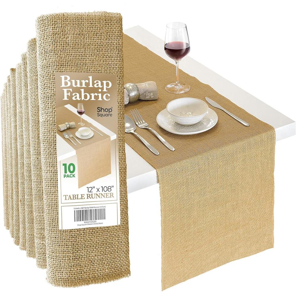 imageBurlap Table Runners 12 x 108 Inch  10 Pack Outdoor Jute Table Runners for Rustic Farmhouse Decor Thanksgiving Fall Natural Color Edge