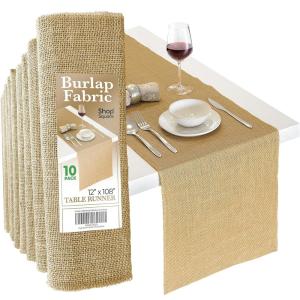 imageBurlap Table Runners 12 x 108 Inch  10 Pack Outdoor Jute Table Runners for Rustic Farmhouse Decor Thanksgiving Fall Natural Color Edge