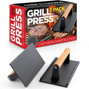 imageCast Iron Bacon Press 7quot Round ampamp Rectangle 8quotx4quot Cast Iron Grill Press  Meat Press for Bacon Steak Burgers and Sandwiches  NonStick Griddle Press with CoolTouch Wood HandleBlack