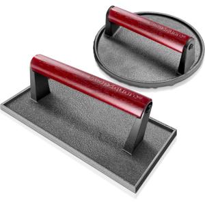 imageCast Iron Bacon Press 7quot Round ampamp Rectangle 8quotx4quot Cast Iron Grill Press  Meat Press for Bacon Steak Burgers and Sandwiches  NonStick Griddle Press with CoolTouch Wood HandleBlack Set