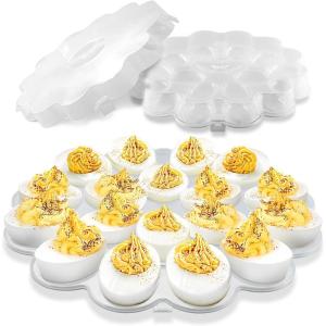 imageDeviled Egg Container with Lid  12inch Round Serving Plate 15 Slots  Disposable Plastic Holder Platter for Fruits Veggie Finger Food  Stackable Easy StorageFlower Design