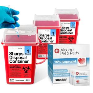 imageSharps Container Sharps Containers for Home Use Needle Disposal Containers  1 Quart 3 Pack with 300 Alcohol Prep Pads Alcohol Wipes Individually Wrapped