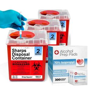 imageSharps Container Sharps Containers for Home Use Needle Disposal Containers  2 Quart 3 Pack with 300 Alcohol Prep Pads Alcohol Wipes Individually Wrapped