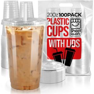 imageShop Square 20 oz Plastic Cups with Lids 100 Pack  Clear Plastic Cups for Iced Coffee Boba Milk Tea Smoothies and Fruit Shakes  Disposable with Lids for Parties Cafes Restaurants100 Count Pack of 1
