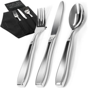 imageWeighted Utensils for Hand Tremors and Parkinsons Patients  4 Piece Set Weighted Silverware for Elderly Arthritis Weak Hand Grip  Convenient Travel Bag Stainless Steel 7 Oz3 Piece Set