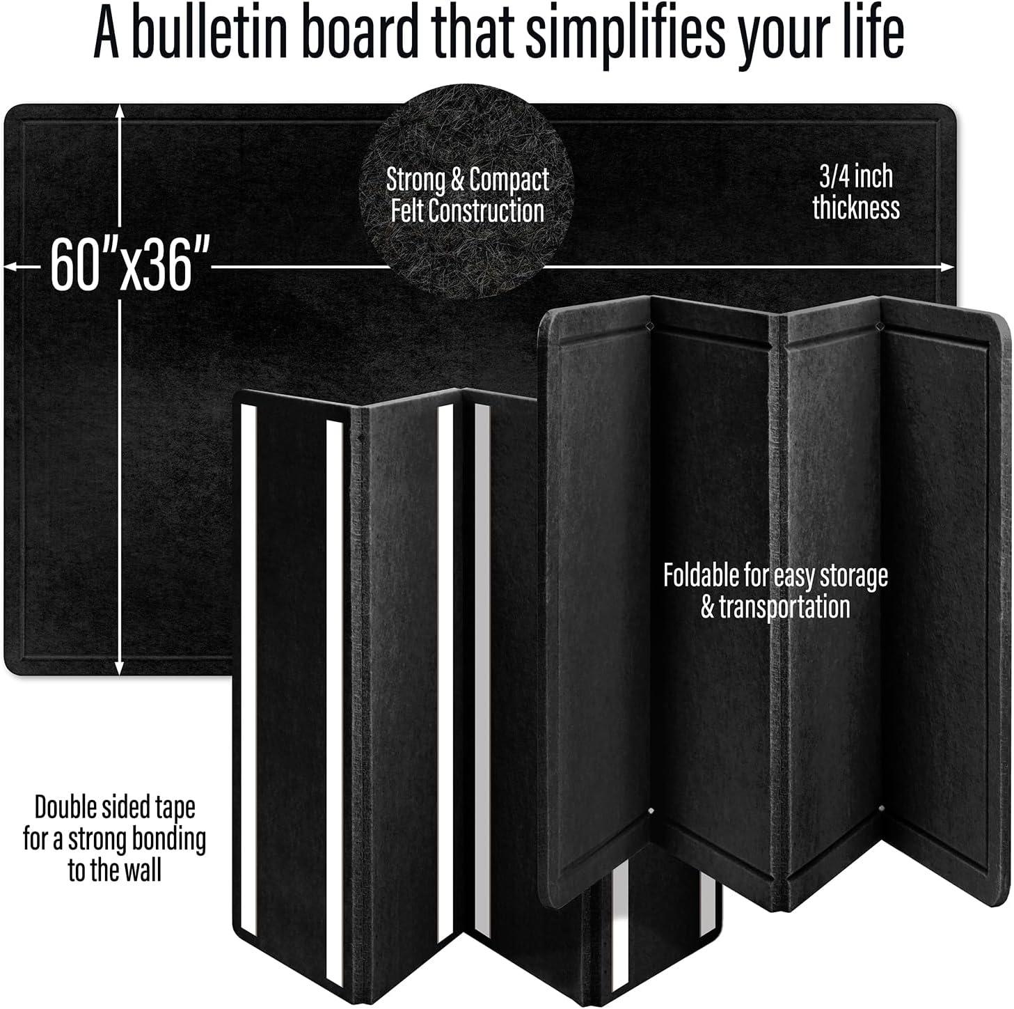 imageLarge Bulletin Board 60 x 36 Inches  Foldable Felt Bulletin Board for Wall Cork Board Alternative with 100 Color Pins ampamp 12 Note Pads Vision Board  BlackBlack